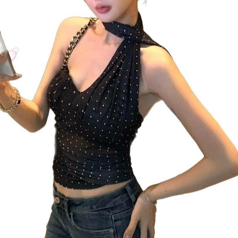 Stylish Polka-Dot Sexy Halter Top for Women—New Arrival Elegant Flattering Slimming and Versatile Top with A Ribbon