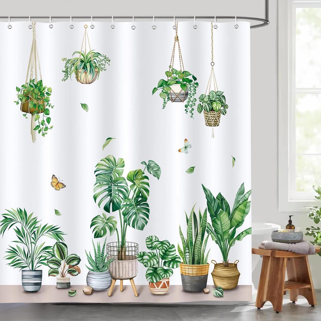 Tropical Leaves Shower Curtains Green Palm Banana Leaf Monstera Jungle Plants Hawaiian Modern Flowers Butterfly Bathroom Decor