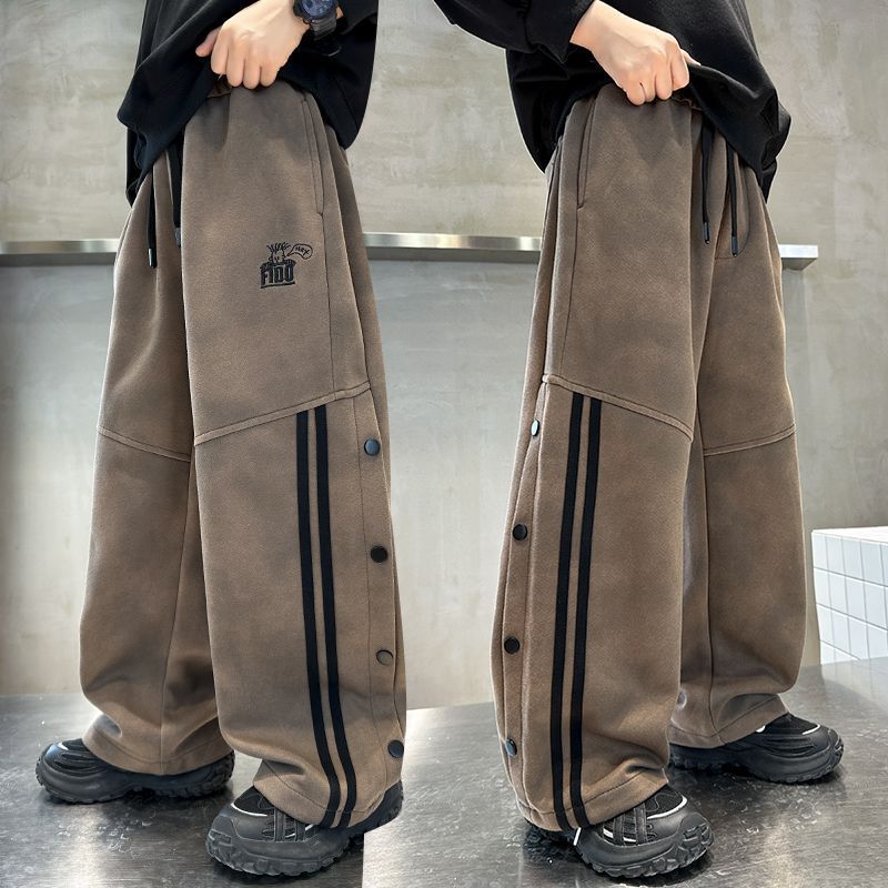 Shcool Boys Cool Pants with Side Stripe Child Fashion Brown Grey Sports Trackpants Spring Autumn Kids Trousers for Teenager