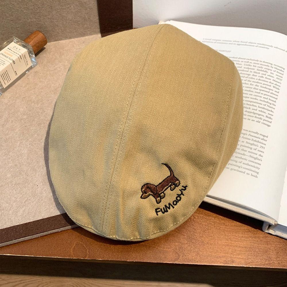 Japanese Style Cartoon Forward Hat Short Brim Painter Hat Puppy Embroidery Berets Cap Outdoor