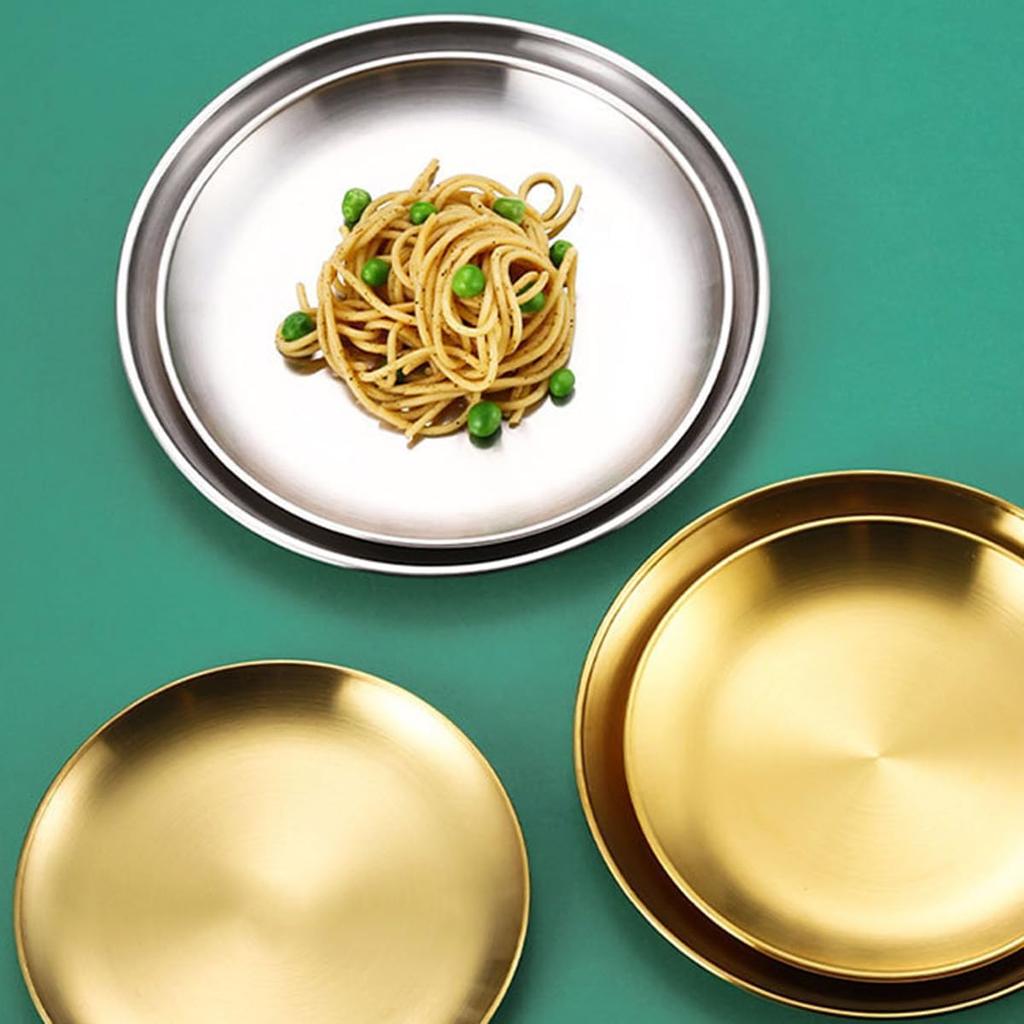 4-Piece Stainless Steel Dinner Plates Round Metal Plates Serving Tray Dessert Plates Dinner Dish for Home Camping  BBQ