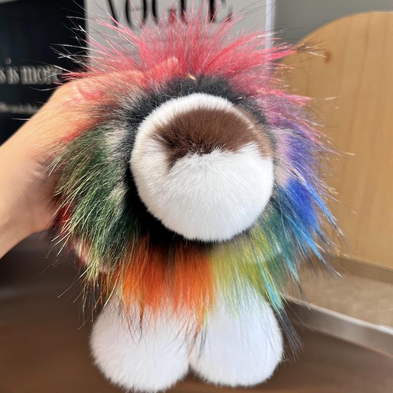 Cute Lion Real Rex Rabbit Fur Keychain Plush Toys Trinkets Women Bag Ornaments Pendant Car Keyring Rearview Mirror Decoration