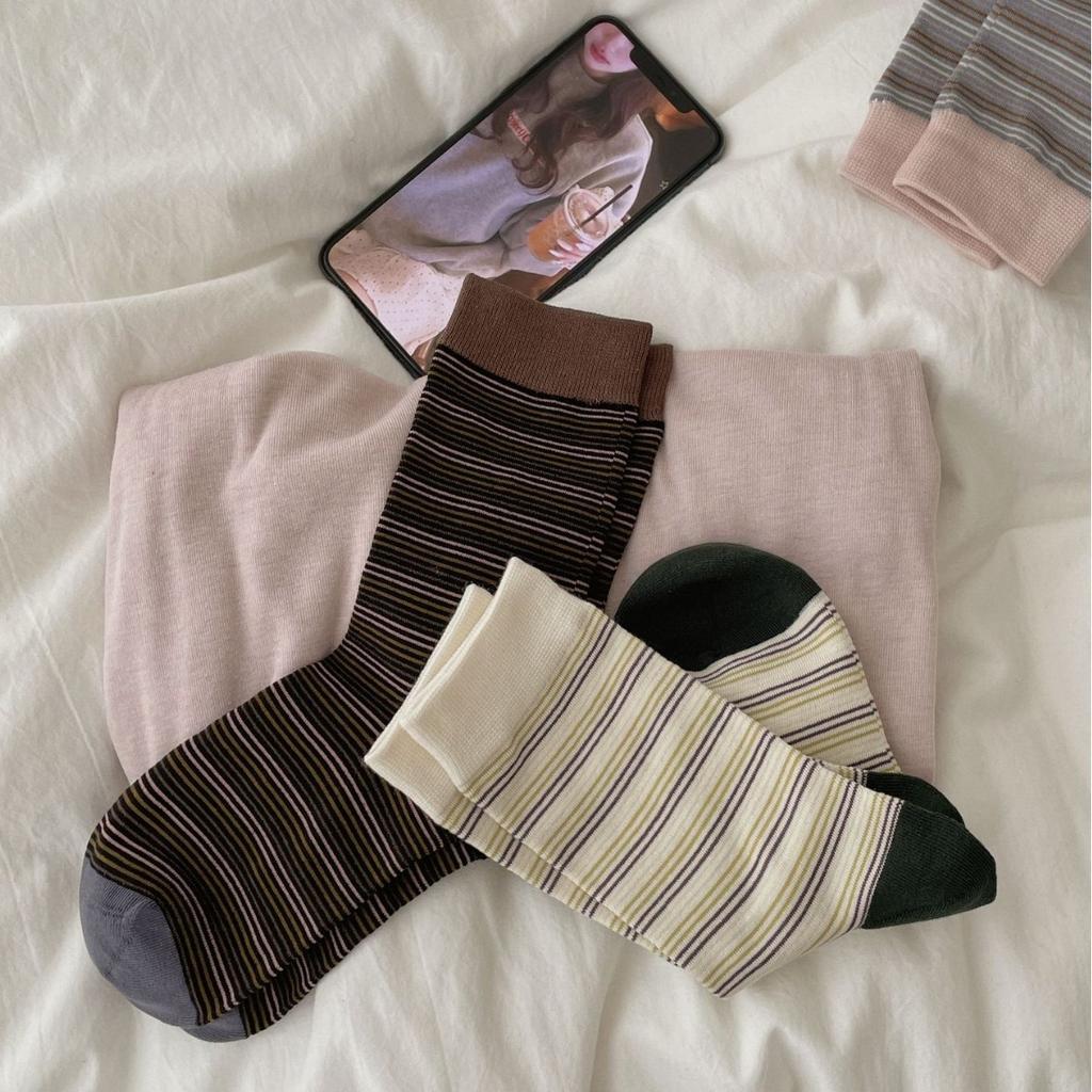 Striped Socks, Mid-Tube Socks, Classic Retro Contrasting Colors, Versatile Literary Niche Design, Piled Up Socks