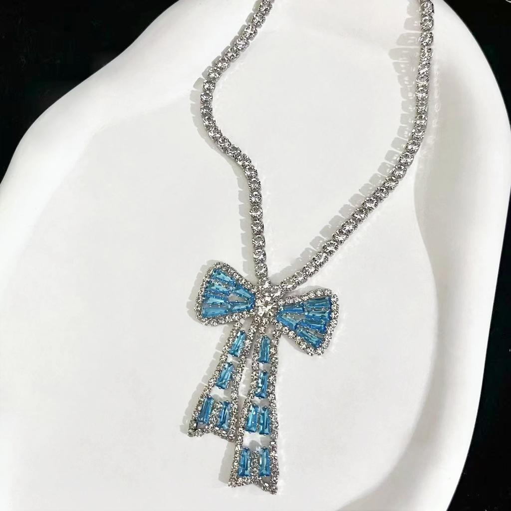 Korean Bow Necklace Ins Full Diamond Tassel Temperament Light Luxury Rhinestone Simple Neck Chain Collarbone Chain Fashion Jewelry