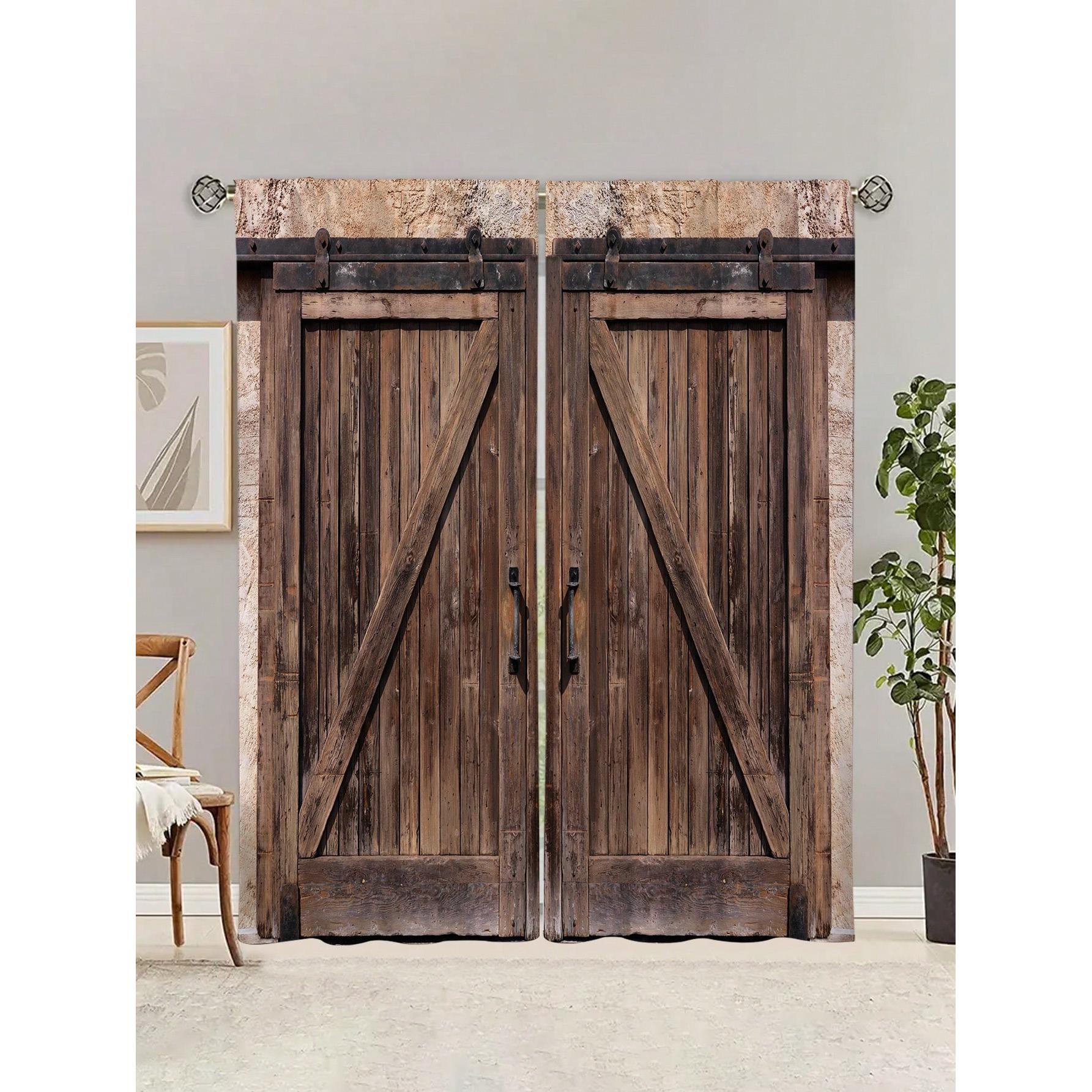 

2pcs Rustic Curtain Wooden Door Pattern Curtain Without Holes Curtain Refer To Bedroom Office Kitchen Living Room Study Home D 100*130 Rod Pocket 1pcs