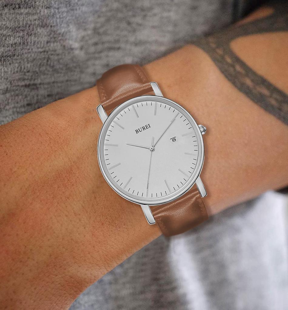 BUREI Men's Leather Watch, Simple Business Style, Waterproof, Analog, Stylish, Popular, Date Display, Slim Fit, Size M