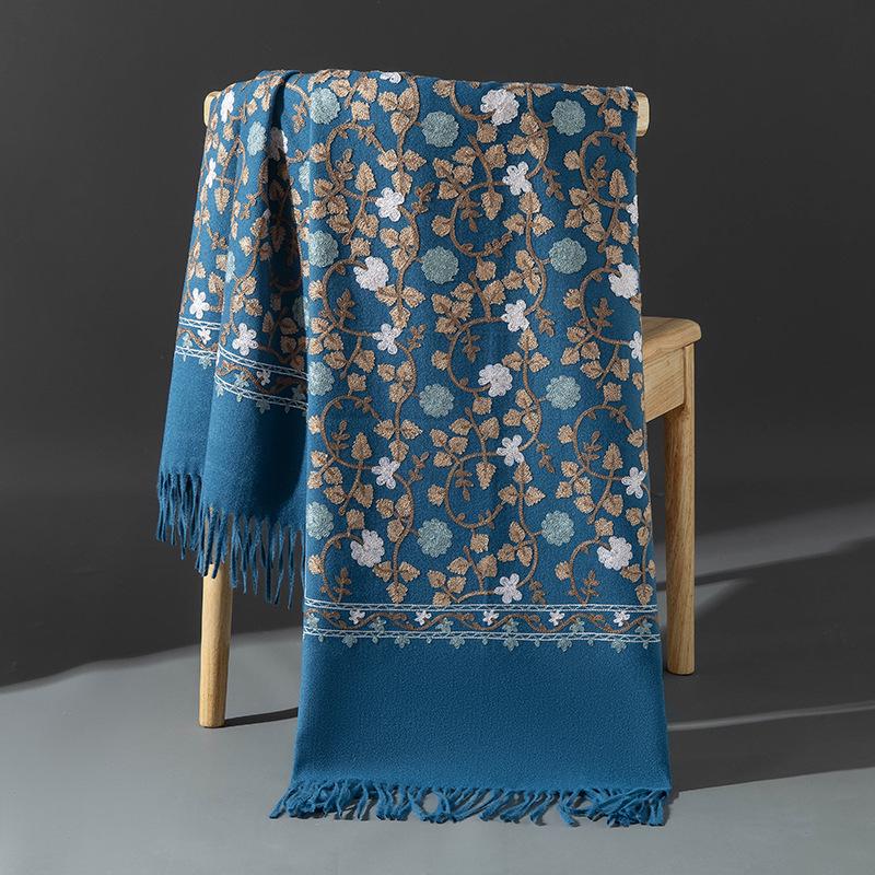 Xinjiang Embroidered Imitation Cashmere Scarf: Women’s Ethnic Style, Warm and Versatile with Tassels