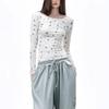 Y2K autumn sweet and fresh star print long sleeved women's round neck slim fit top