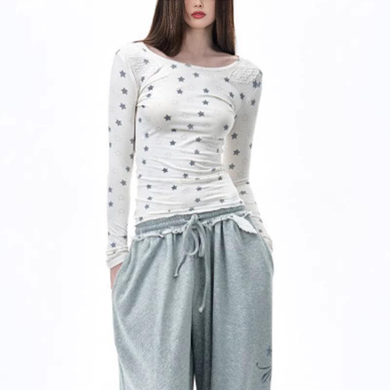Y2K autumn sweet and fresh star print long sleeved women's round neck slim fit top