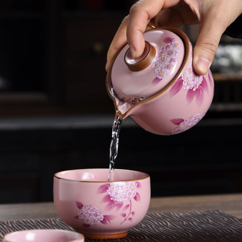 Fenru Hydrangea Tea Set, Hand-held Pottery Teapot From Ru Kiln, New Style with Exquisite Patterns, 1 Teapot and 2 Tea Cups