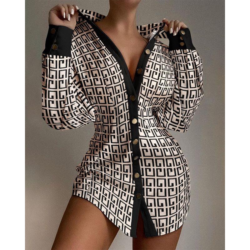 

Fashion Style Fashion Women s Wear Autumn and Winter New Arrival Fashion V Neck Printed Waist-Controlled Fastener Decoration Women s Shirt Fashion Khaki M