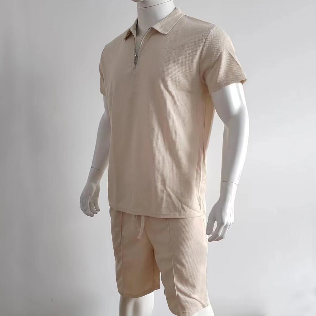 Anmurye Summer Tracksuit Short Sleeve Polo Shirt and Casual with Adjustable Solid Breathable Men's Set, Shorts, V-Neck Zipper, Comfortable, Waist,