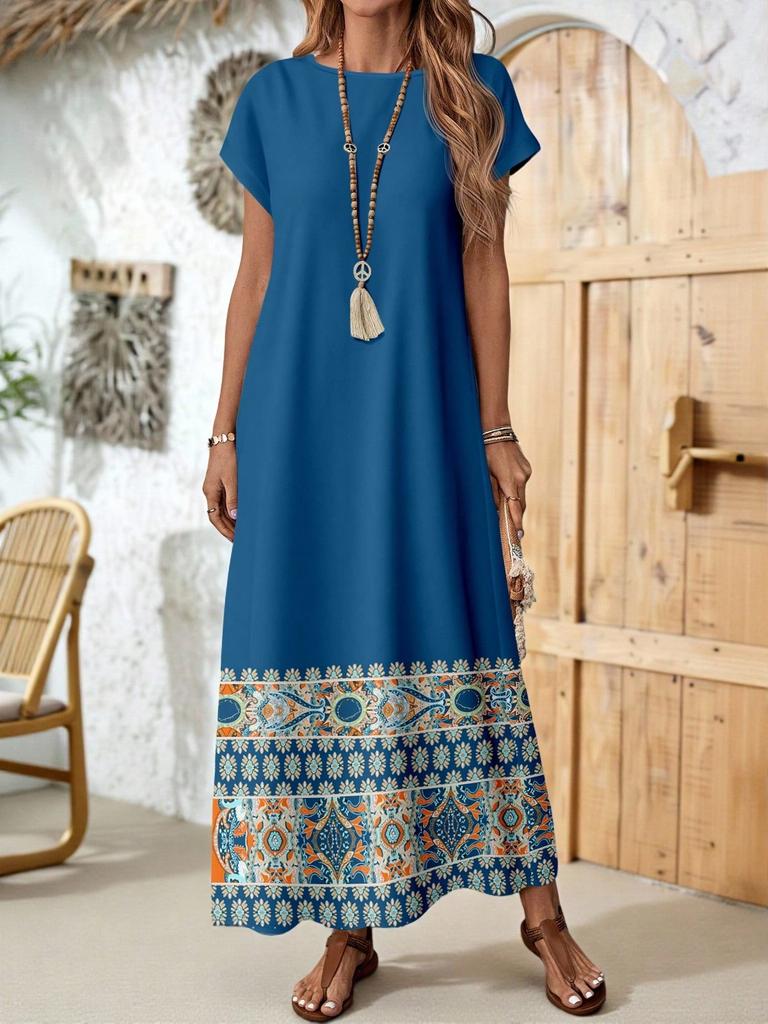 Casual Versatile Patterned Summer Dress For Women,Casual Women's Dresses Short Sleeve Modest Bohemian Maxi Floral Print