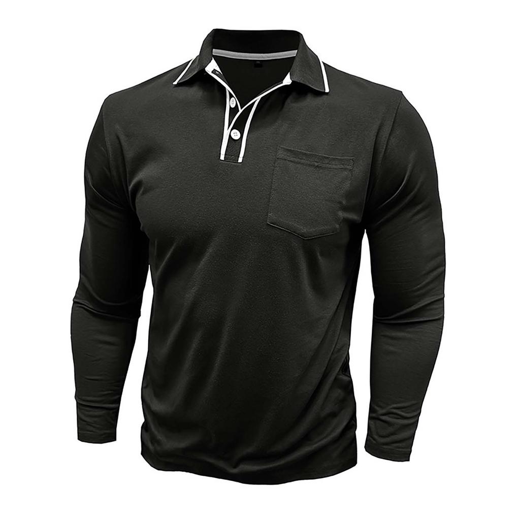 Men's Spring And Solid Color T-shirt Lapel 3 Button Open Placket Button Long Sleeved Top