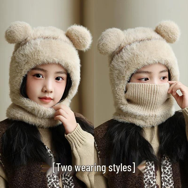 Children's Wool Knit Hooded Scarf with Windproof Ear Protection for Autumn and Winter