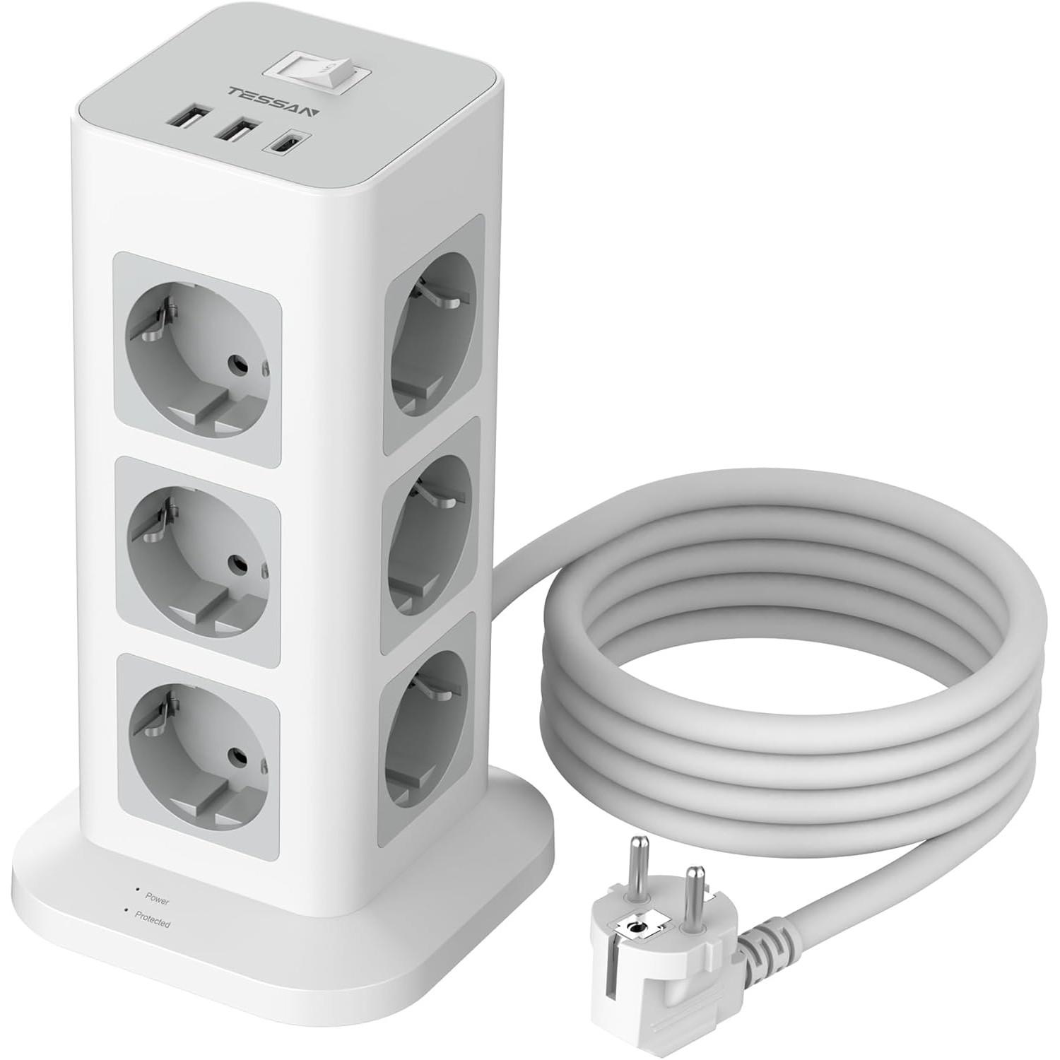 

TESSAN Flat Plug Socket Strip, 12-контактная многоканальная розетка с 3 USB, удлинительный кабель с плоским разъемом 2 м, защита от перенапряжения нескольких вилок 12 Outlet&2 USB A 1 USB C серый