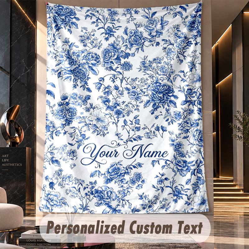 Blue Floral 1 Theme Wall Tapestry Customized With Name Text Personalized Hanging Tapestry For Bedroom Living Room Decor