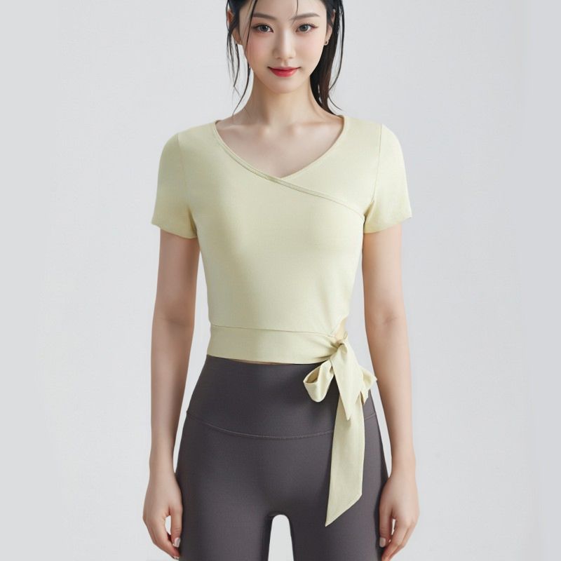 

Женская футболка для фитнеса, одежда для йоги, с коротким рукавом, круглым вырезом, прилегающая, быстросохнущая верхняя одежда, пояс на талии, спортивные топы, женская летняя Cream White XL