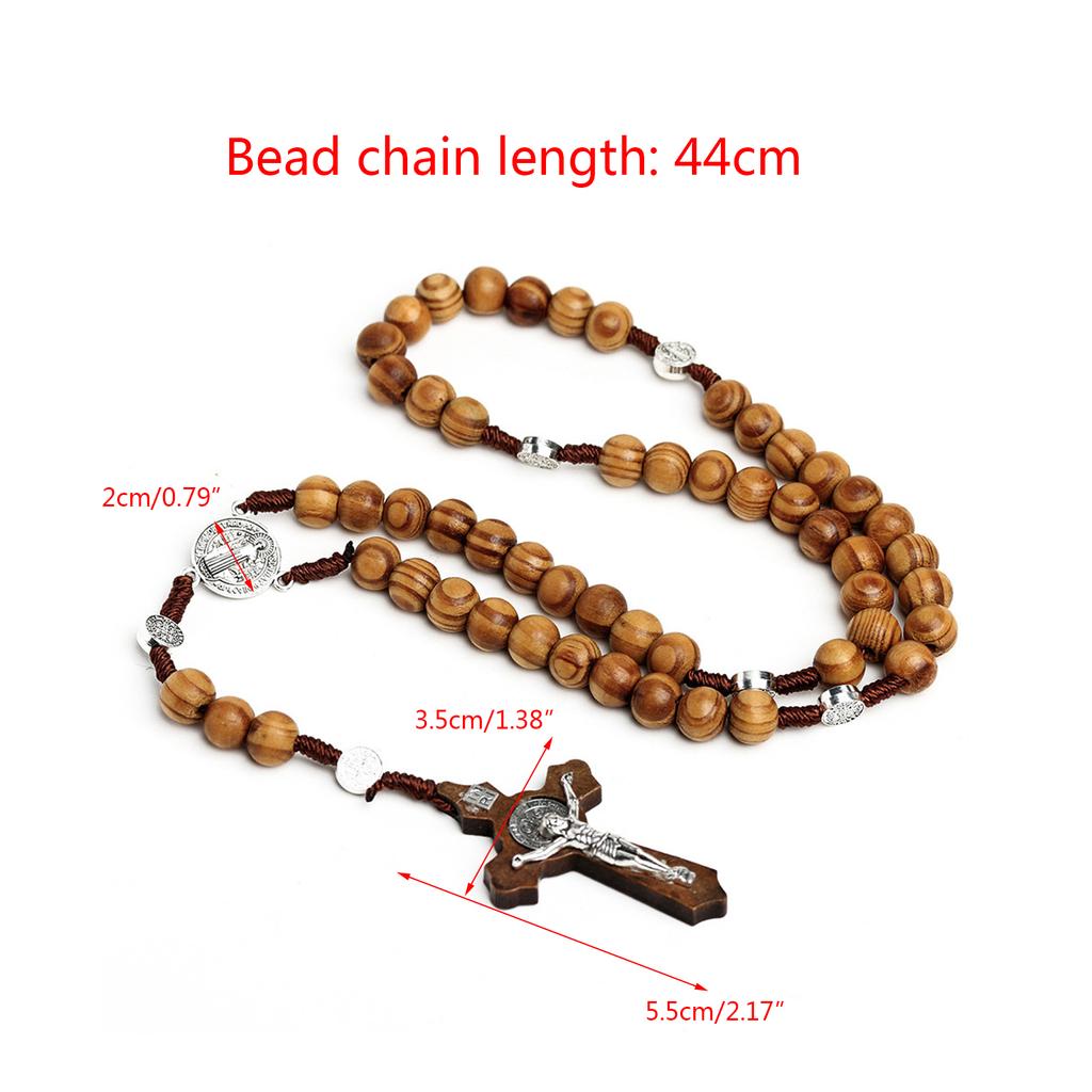 Wood Bead Cross Rosary Necklace Bead Chain Pendant Ornaments for Home Church Yoga Room Decorations Gift