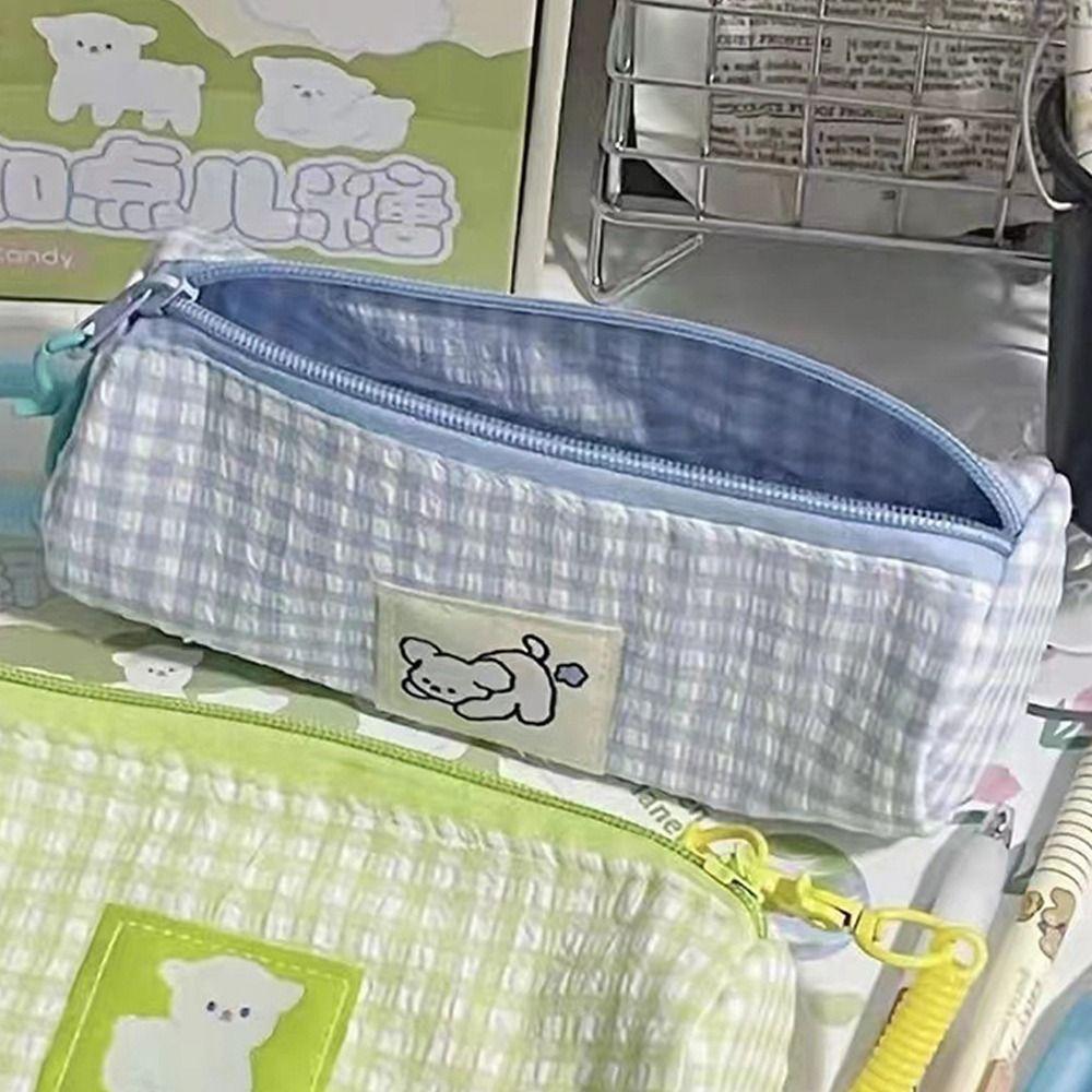 Large Capacity Grid Pencil Case Blue/Green Pencil Pouch Small Fresh Stationery Organizer Student