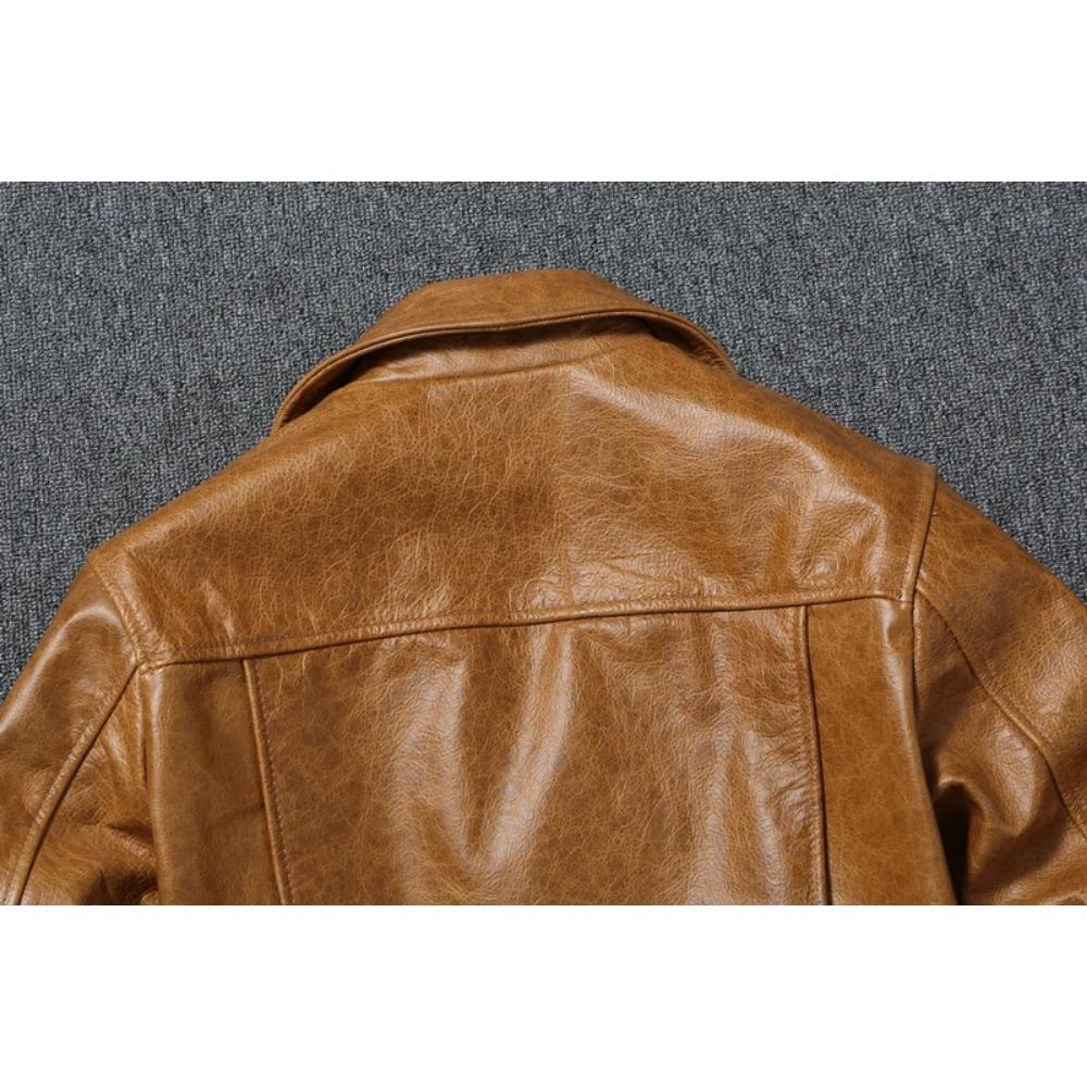 Chinese Size Men Leather Jackets Oil Waxed Yellow Brown Genuine Cow Leather Jacket for Men Cowhide Motorcycle Biker Jackets