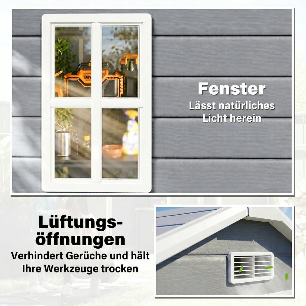 6'x4.5' Garden Storage Shed, Lockable Garden Shed with Double Doors, Window, Vent and Plastic Roof, Grey