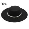 Vintage Photoshoot Prop Wide Brim Wool Felt Hat for Women, Flat Top Fedora Woolen Accessories Autumn with Faux Pearl Trim, Elegant Winter Cap Fashion
