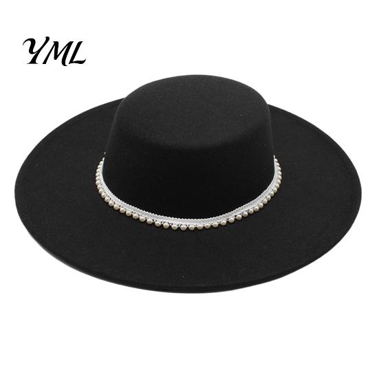 Vintage Photoshoot Prop Wide Brim Wool Felt Hat for Women, Flat Top Fedora Woolen Accessories Autumn with Faux Pearl Trim, Elegant Winter Cap Fashion