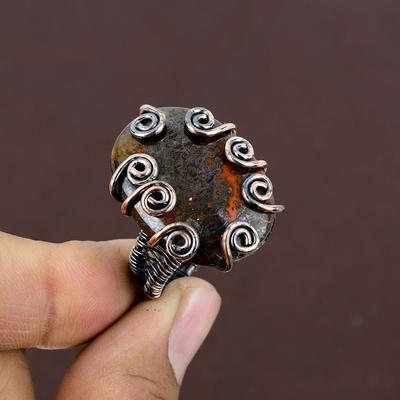 Ágata Natural de Costura Gema Hecho a Mano Envoltura de Alambre de Cobre Anillo de Regalo Talla 7 Z6o47