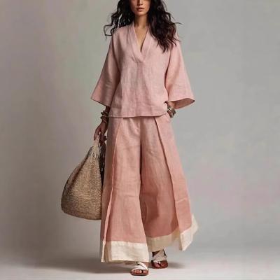 Dames V-hals Wijde Mouw Top en Wijde Pijpen Broek Set Casual Losse Pasvorm Linnenmix Tweedelig Outfit