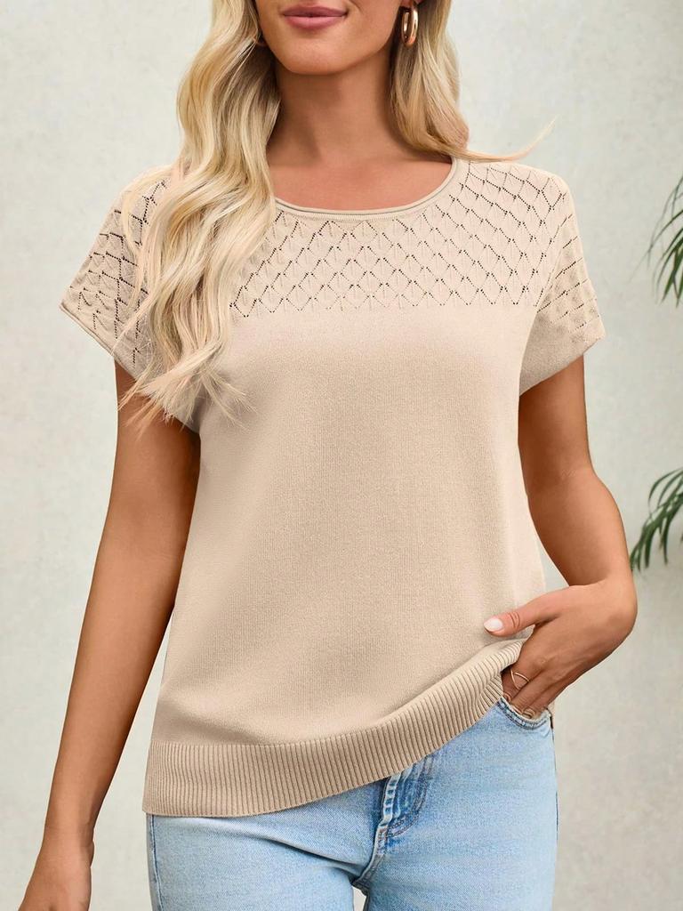 Women's Crochet Knit Short Sleeve Sweater Top Crew Neck Summer Casual Pullover