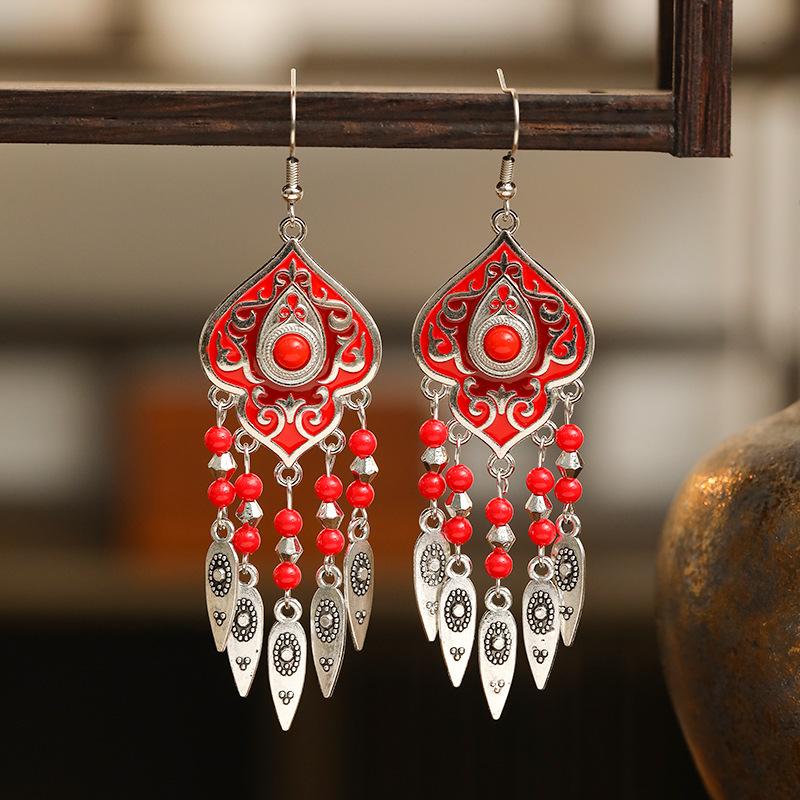 Ethnic Unique Pattern Geometric Charm Earrings for Women Creative Drop Oil Colorful Beads Metal Tassel Hanging Earrings Jewelry