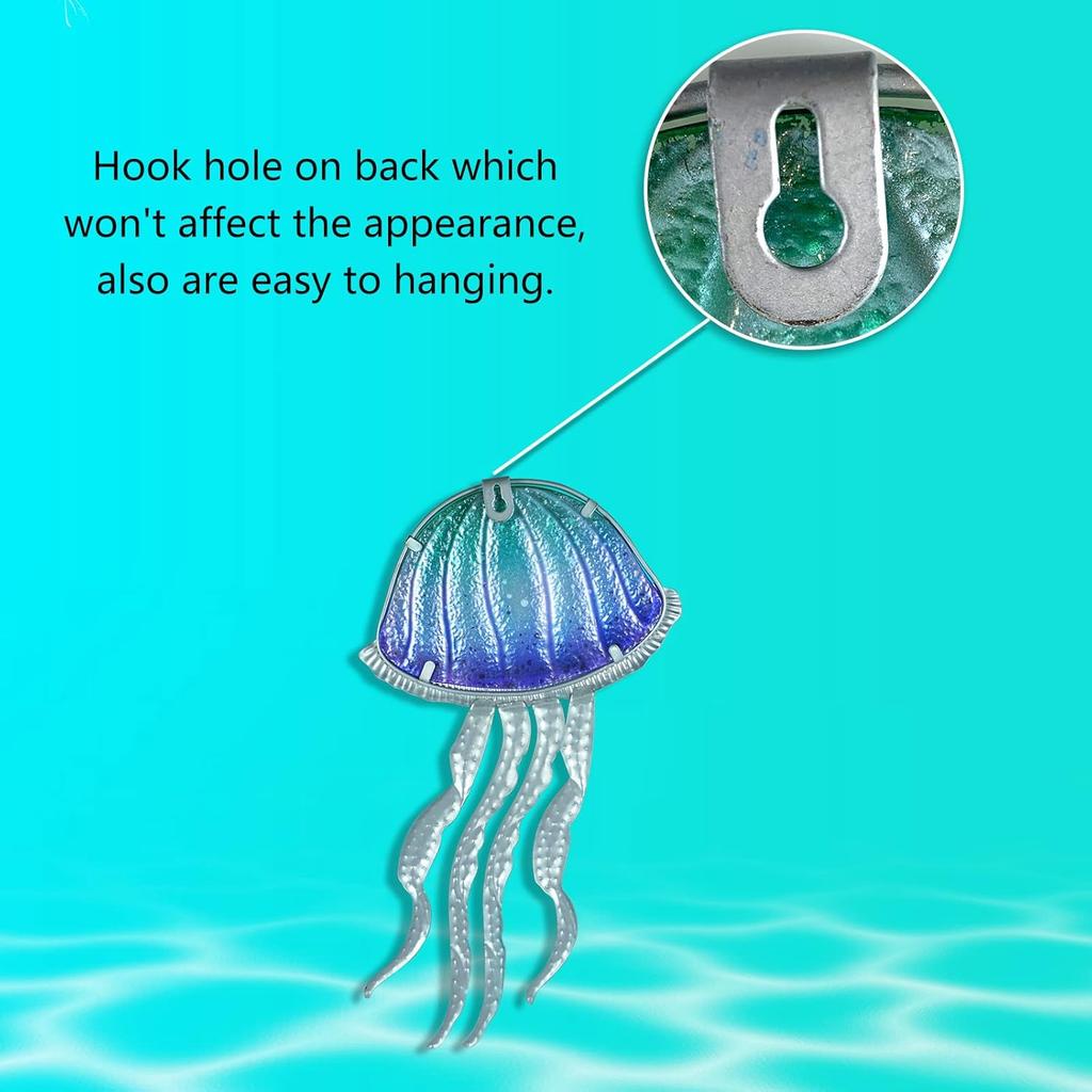 LIFFY Metal Jellyfish Wall Decor - Ocean Tropical Fish Wall Art - Glass Metal Fish Wall Decor for Pool, Beach, Bathroom, Living Room, Bedroom -