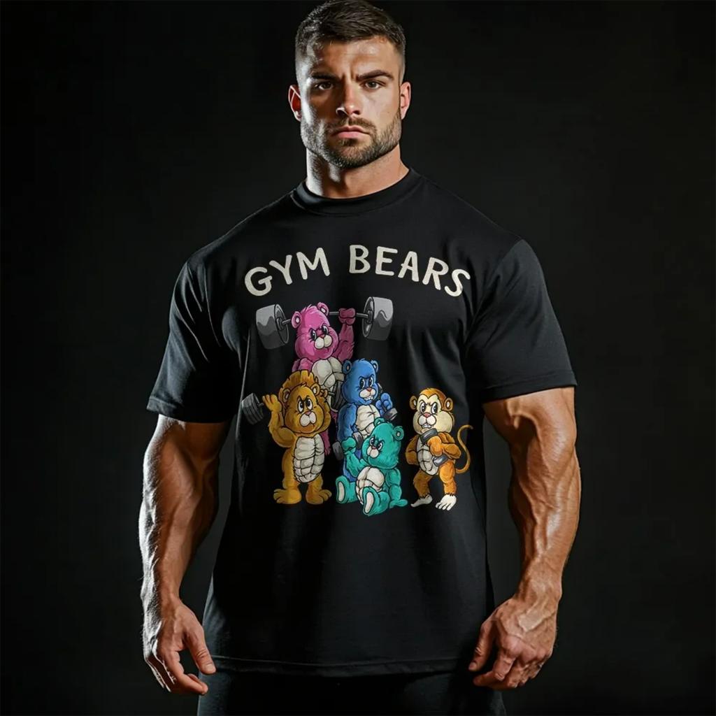 Gym Bears Cotton TShirt Retro Casual Mens Fitness Muscle Workout Black