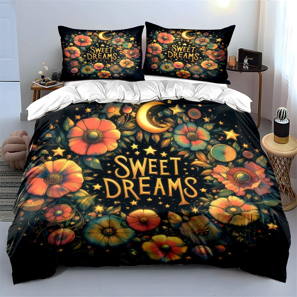 "Floral Moon Night Decor Set" Bedding Set with 1 Duvet Cover 2 Pillowcases Single Double King Queen, Gift