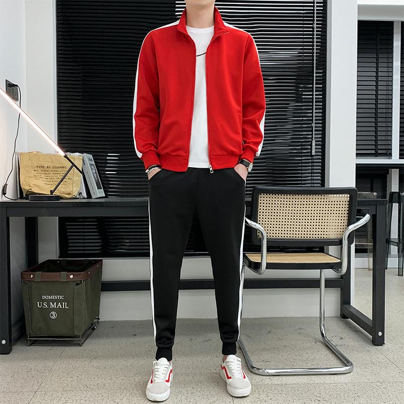 Soft Two-piece Men's Contrast Color Stand Collar Leisure Sports Suit