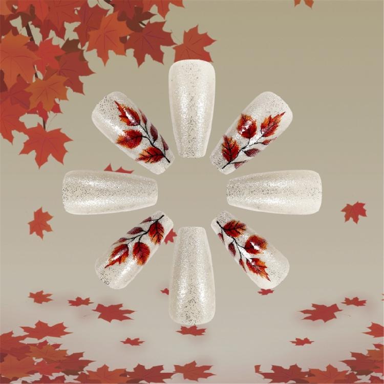 Thanksgiving Press On Nail Maple Leaf Designed False Nail Acrylic Nail Full Cover Stick On Nail 24pcs for Festive