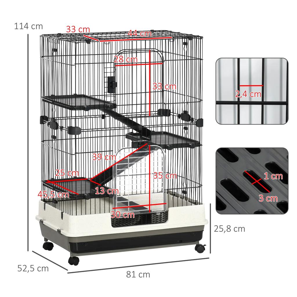 PawHut Cage for Small Animals Rolling 3 Removable Platforms 3 Ramps Removable Lower Tray Metal PP 81.2 X 52.7 X 114 Cm Black