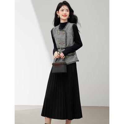 Elegant Women's Double-Breasted Vest & Dress Two-Piece Suit Set