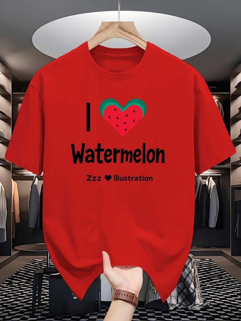 Unisex Soft Cotton Tee I Love Watermelon Heart Fruit Print Loose Breathable Summer Crew Neck Casual Street T Shirt Unisex Daily Wear