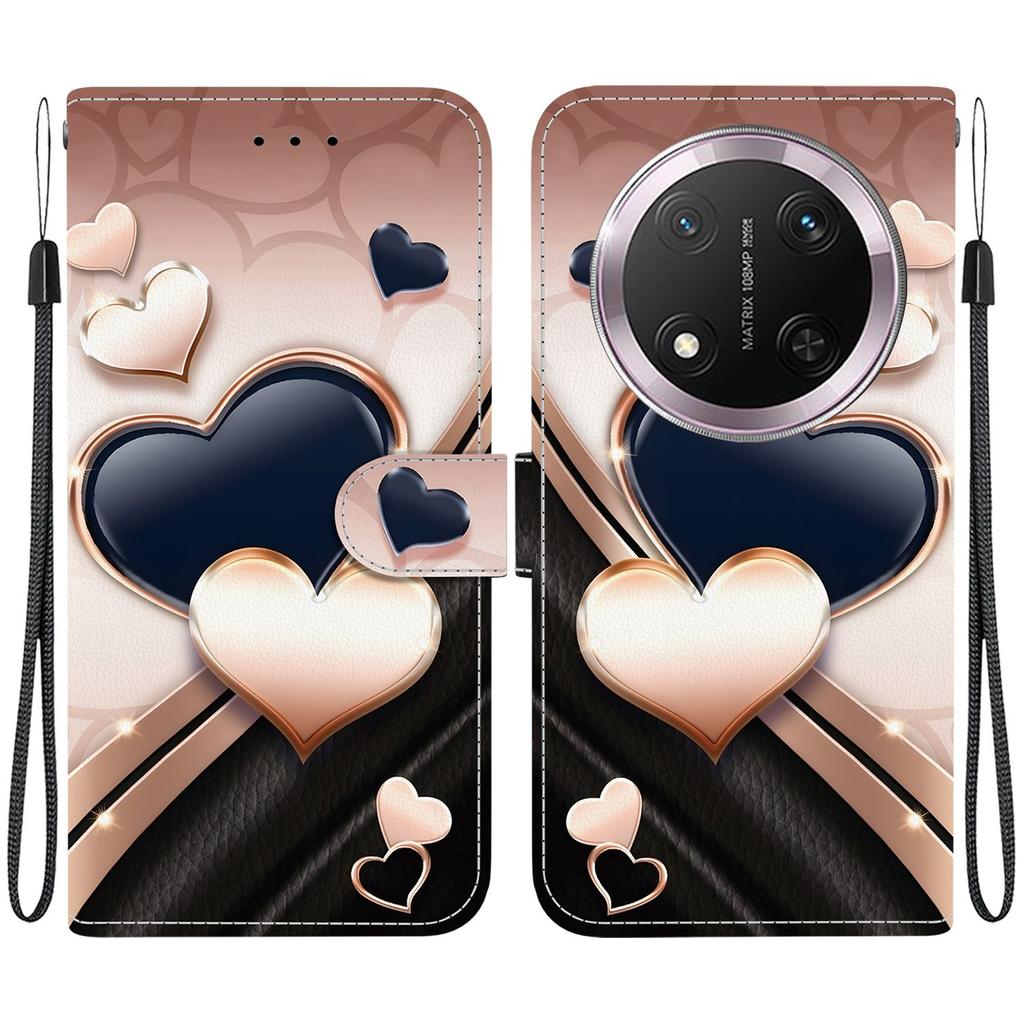 Handmade PU Leather Flip Case for Honor X9c Anti-Slip Shockproof Cover with Wrist Strap & Heart/Rose Cat Designs