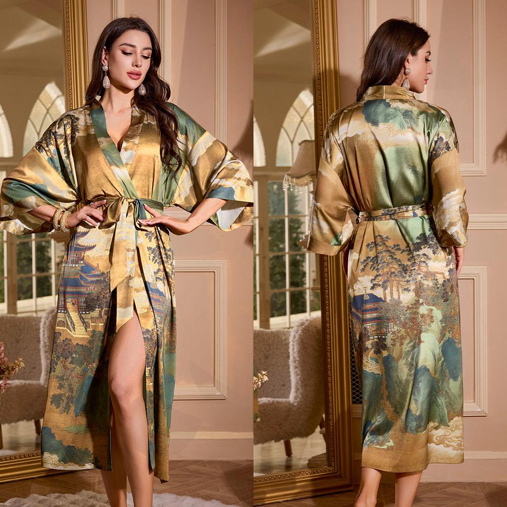 Female Long Robe Loungewear Elegant Chinese Style Kimono Bathrobe Gown Negligee New Silky Satin Sleepwear Nightgown Loose Pajama