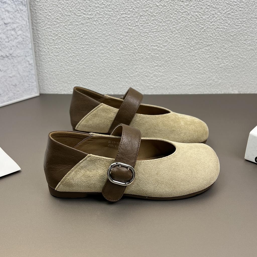 Leopard print retro Mary Jane single shoes women's autumn new round head one-word buckle flat bottom two wear ballet small leather shoes