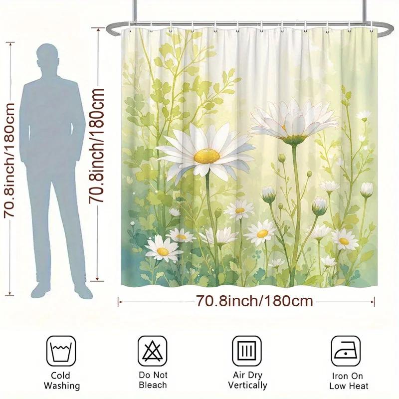 1pc White Daisies Shower Curtain Greenery Sunlit Garden Tranquil Design Included 12 Hooks 70.8x70.8inches