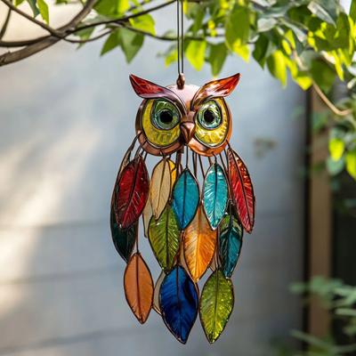 Owl Pendant Outdoor Hanging Decoration Realistic Looking Simple Installation Colorful Handmade Stained Owl Ornament