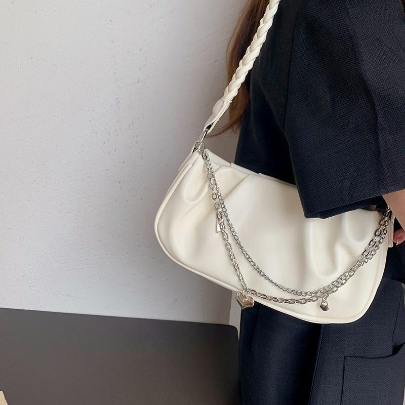 Bolso de Hombro para Mujer con Correa Trenzada Bajo el Brazo Estilo Coreano para Dama Bolso de Mano Blanco Plisado Nube Cadena de Corazón Femenina Bolso Versátil Diario