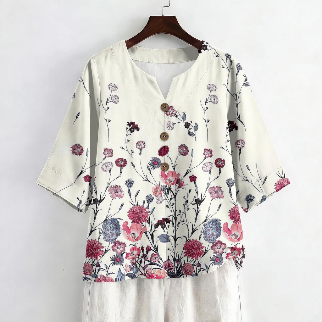 Women's Summer Fashion V-Neck 3/4 Sleeve Shirt Casual Loose-Fit Floral Print Top