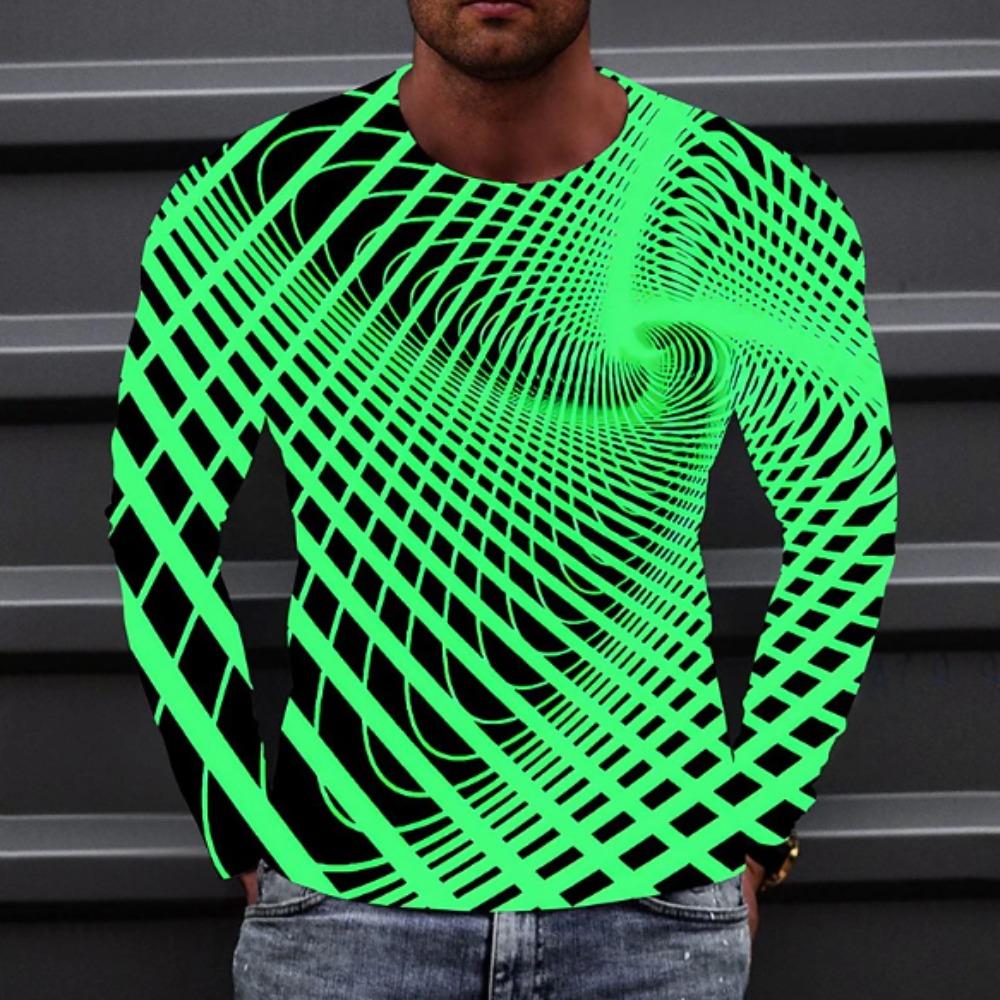Swirl Line Grid Print Men's Tshirts Long Sleeve Tees Round Neck Casual Pullover Men's Clothing Plus Size, Christmas Holiday Fashion Tee