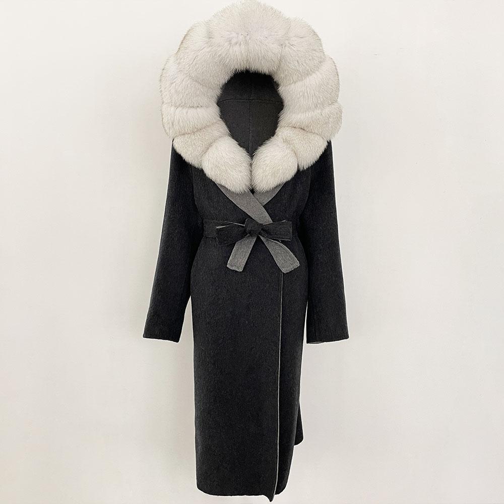 OFTBUY Winter Women Coat Real Natural Fox Fur Hooded Detachable Collar Double-faced Woolen Jacket Long Casual Elegant Overwears