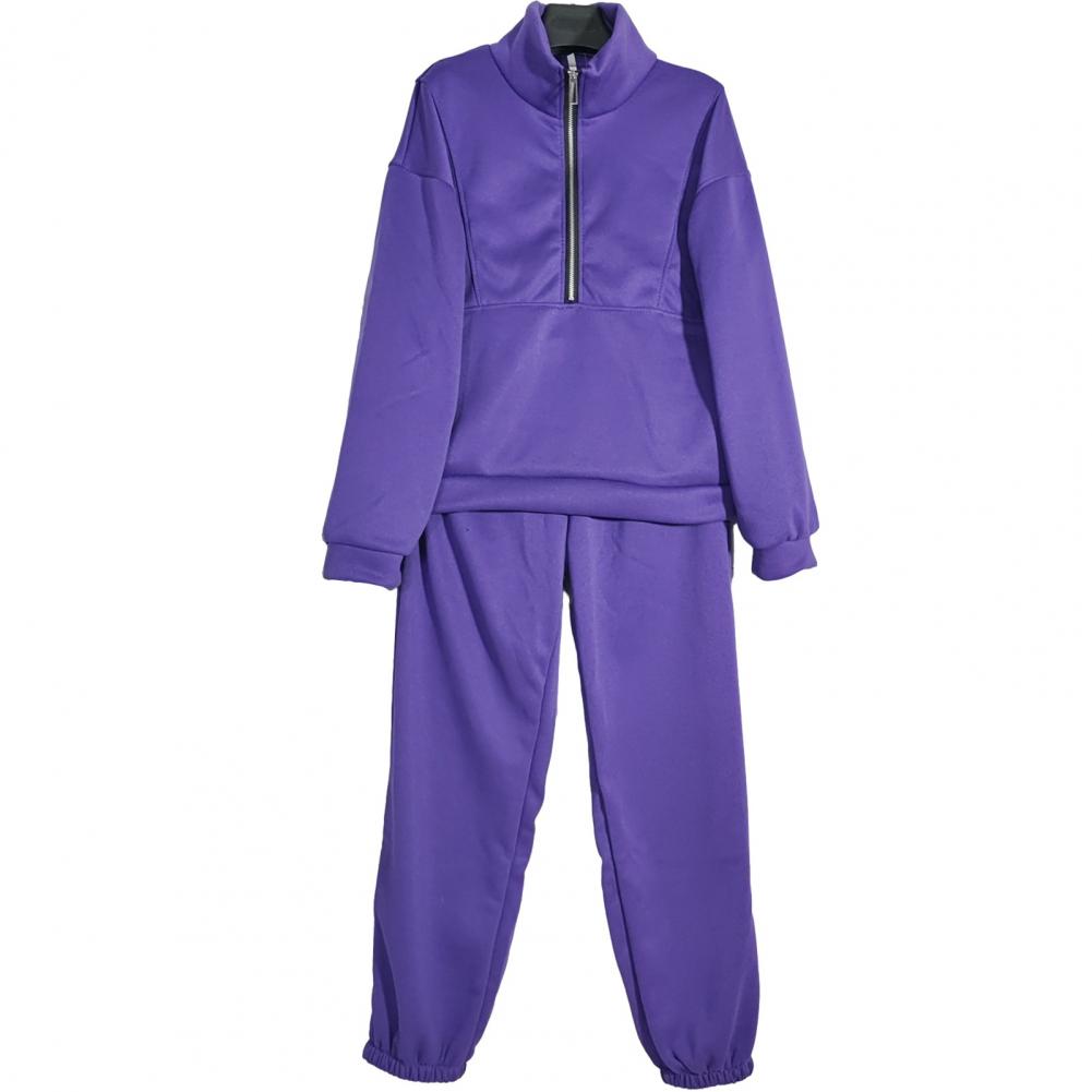 2 Pcs/Set Fall Winter Sweatshirt Pants Set Stand Collar Long Sleeve Loose Zipper Thick Warm Solid Color Elastic Waist Trousers T
